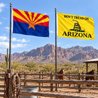 Arizona State Flag and Don't Tread on Arizona Flag 3x5 2-Pack displayed outdoors