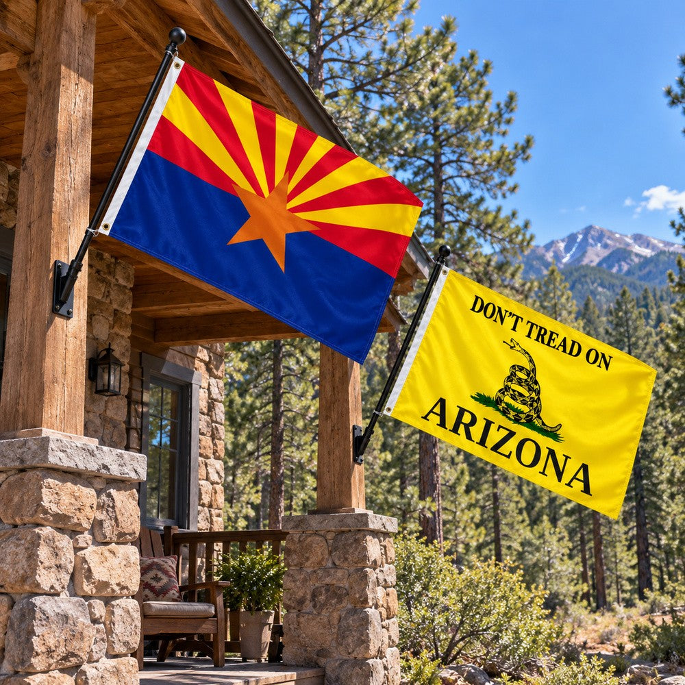 Arizona State Flag and Don't Tread on Arizona Flag 3x5 2-Pack displayed outdoors