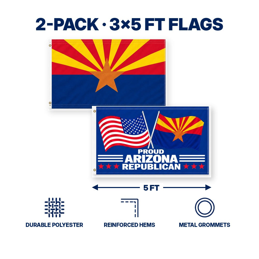 Arizona State Flag and Proud Arizona Republican Flag 3x5 2-Pack features and size details