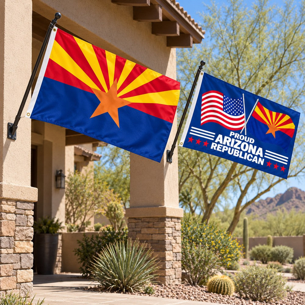 Arizona State Flag and Proud Arizona Republican Flag 3x5 2-Pack displayed outdoors