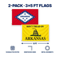 Arkansas State Flag and Don't Tread on Arkansas Flag 3x5 2-Pack features and size details