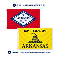 Arkansas State Flag and Don't Tread on Arkansas Flag 3x5 2-Pack features and size details