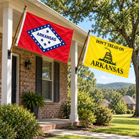 Arkansas State Flag and Don't Tread on Arkansas Flag 3x5 2-Pack displayed outdoors