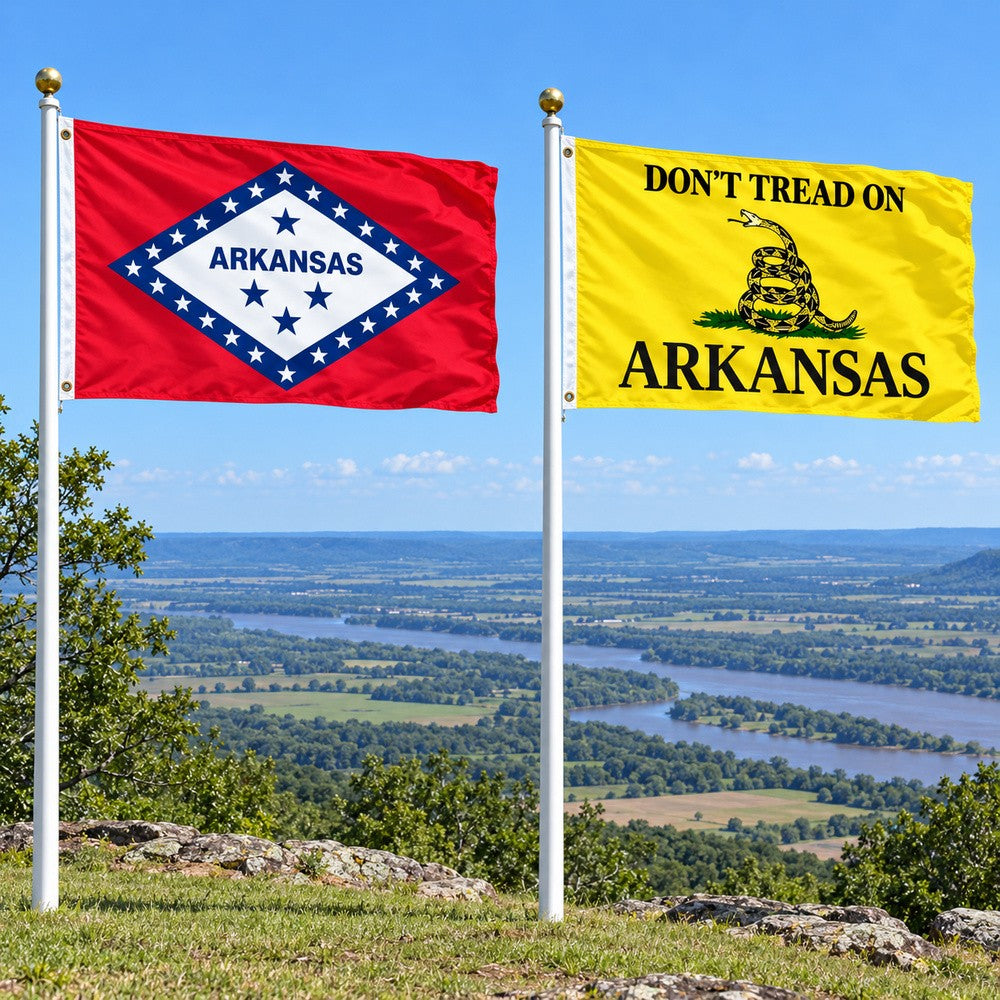 Arkansas State Flag and Don't Tread on Arkansas Flag 3x5 2-Pack displayed outdoors