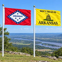 Arkansas State Flag and Don't Tread on Arkansas Flag 3x5 2-Pack displayed outdoors