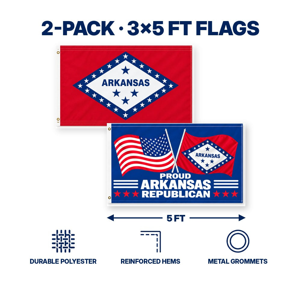 Arkansas State Flag and Proud Arkansas Republican Flag 3x5 2-Pack features and size details