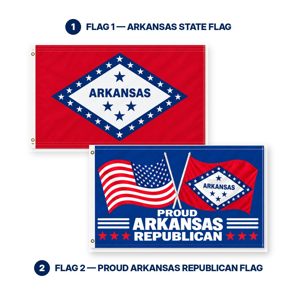 Arkansas State Flag and Proud Arkansas Republican Flag 3x5 2-Pack features and size details