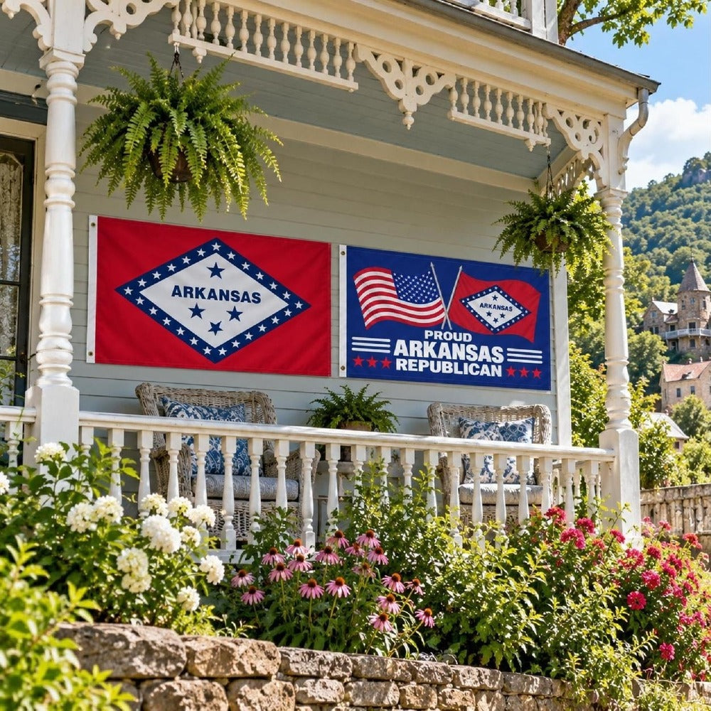 Arkansas State Flag and Proud Arkansas Republican Flag 3x5 2-Pack displayed outdoors