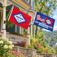 Arkansas State Flag and Proud Arkansas Republican Flag 3x5 2-Pack displayed outdoors