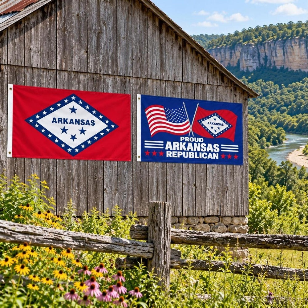 Arkansas State Flag and Proud Arkansas Republican Flag 3x5 2-Pack displayed outdoors