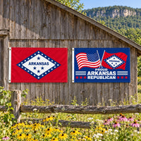 Arkansas State Flag and Proud Arkansas Republican Flag 3x5 2-Pack displayed outdoors