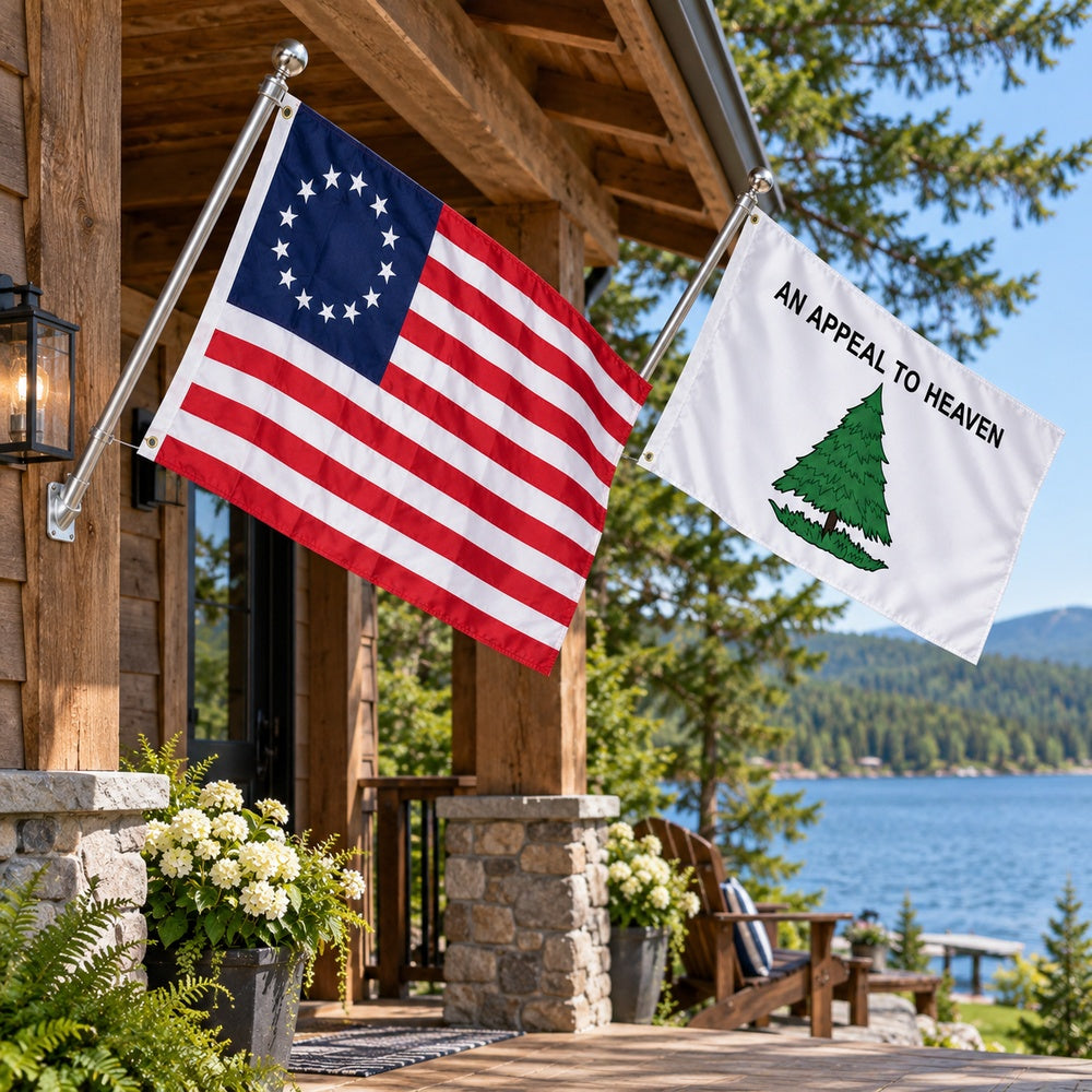 Betsy Ross and Appeal to Heaven Flags 3x5 2-Pack displayed outdoors