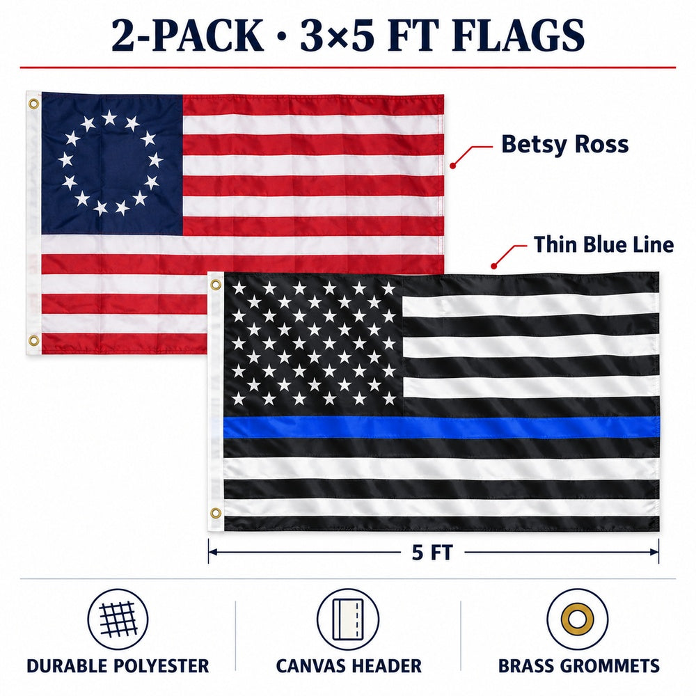 Betsy Ross and Thin Blue Line Flags 3x5 2-Pack features and size details