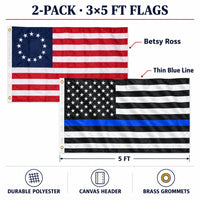 Betsy Ross and Thin Blue Line Flags 3x5 2-Pack features and size details