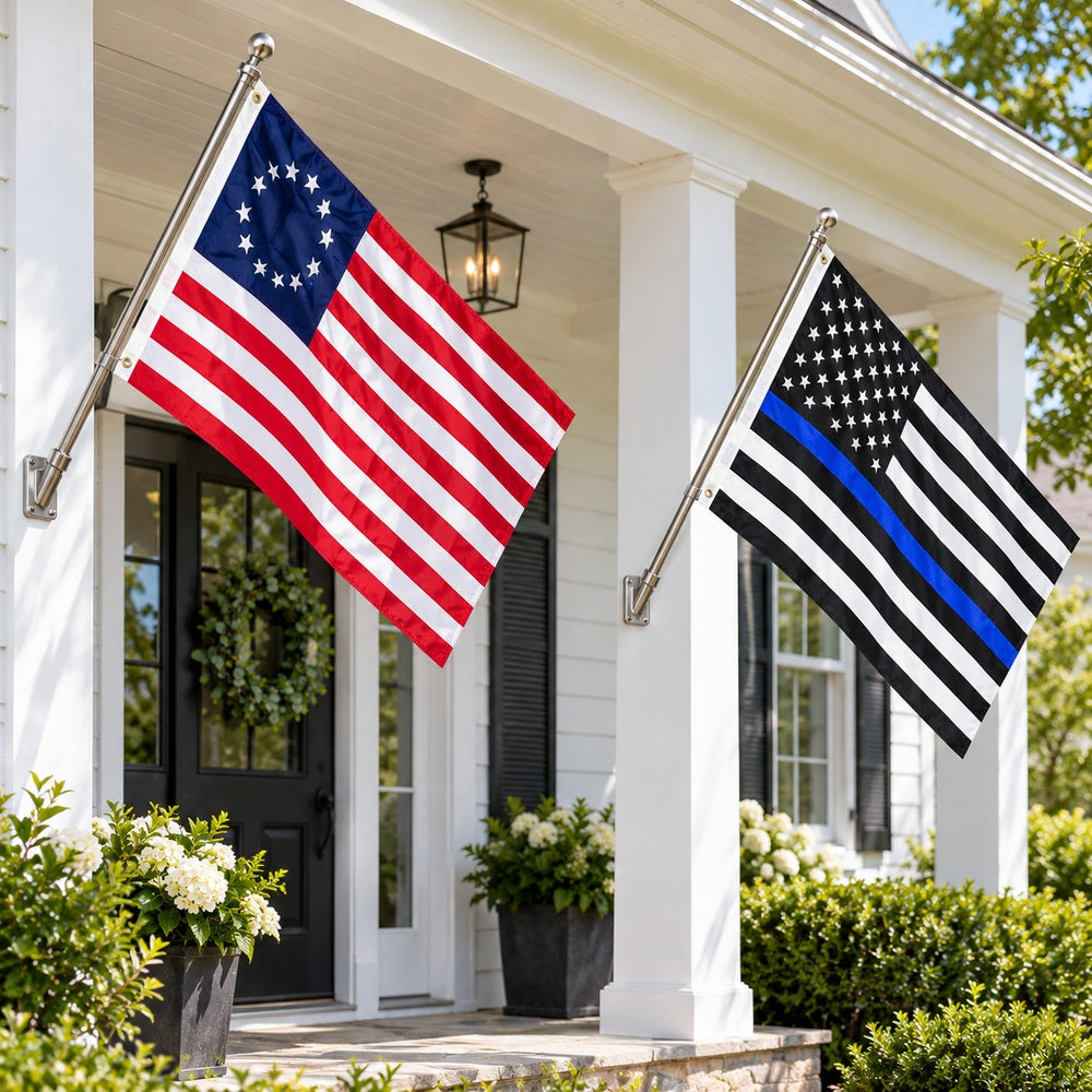 Betsy Ross and Thin Blue Line Flags 3x5 2-Pack displayed outdoors