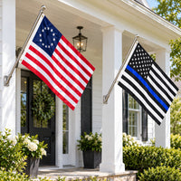 Betsy Ross and Thin Blue Line Flags 3x5 2-Pack displayed outdoors