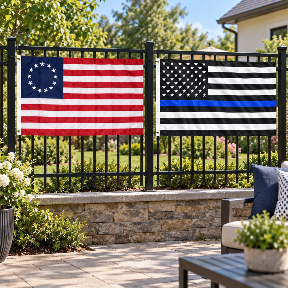 Betsy Ross and Thin Blue Line Flags 3x5 2-Pack displayed outdoors
