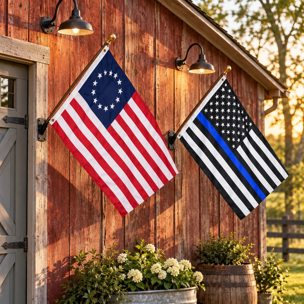Betsy Ross and Thin Blue Line Flags 3x5 2-Pack displayed outdoors