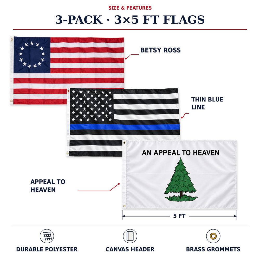 Betsy Ross, Thin Blue Line and Appeal to Heaven Flags 3x5 3-Pack features and size details
