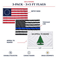 Betsy Ross, Thin Blue Line and Appeal to Heaven Flags 3x5 3-Pack features and size details