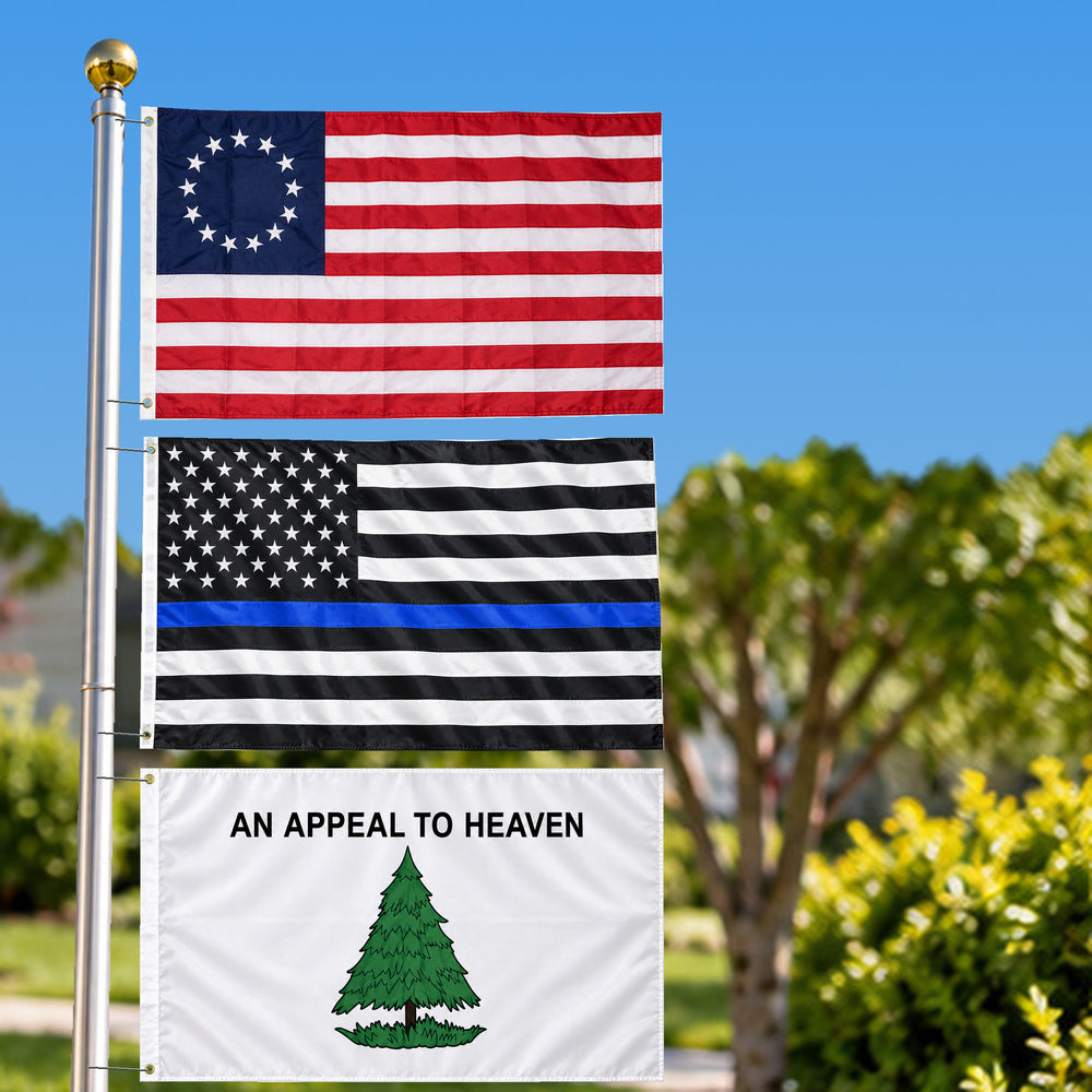 Betsy Ross, Thin Blue Line and Appeal to Heaven Flags 3x5 3-Pack displayed outdoors