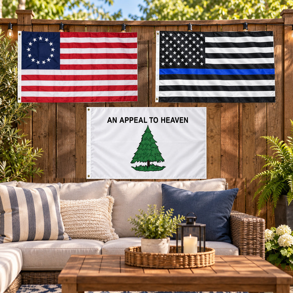 Betsy Ross, Thin Blue Line and Appeal to Heaven Flags 3x5 3-Pack displayed outdoors