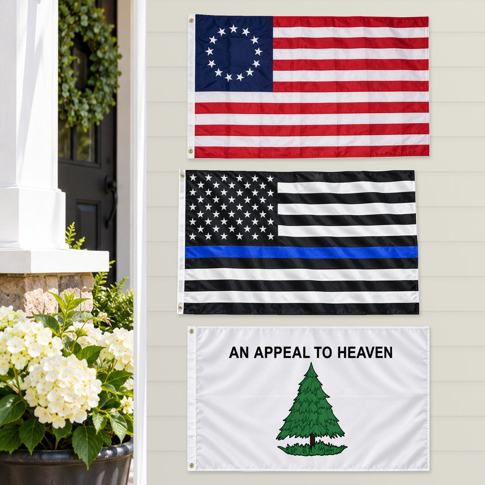 Betsy Ross, Thin Blue Line and Appeal to Heaven Flags 3x5 3-Pack displayed outdoors