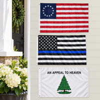 Betsy Ross, Thin Blue Line and Appeal to Heaven Flags 3x5 3-Pack displayed outdoors