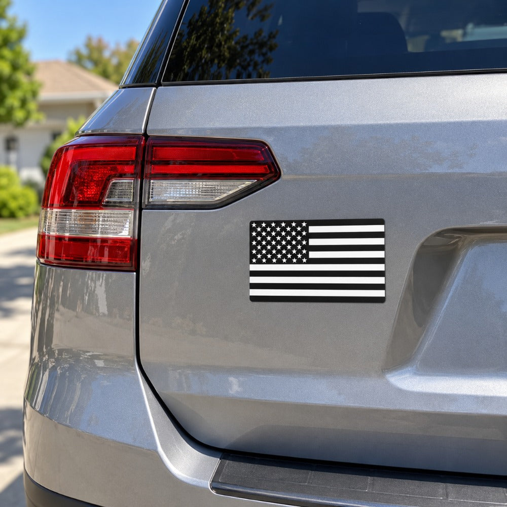 Black and White American Flag Magnet 3x5 inch on a vehicle