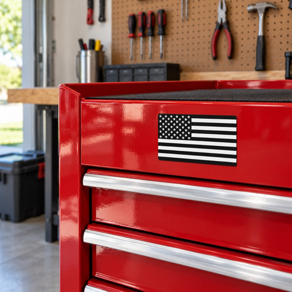 Black and White American Flag Magnet 3x5 inch on a garage tool chest