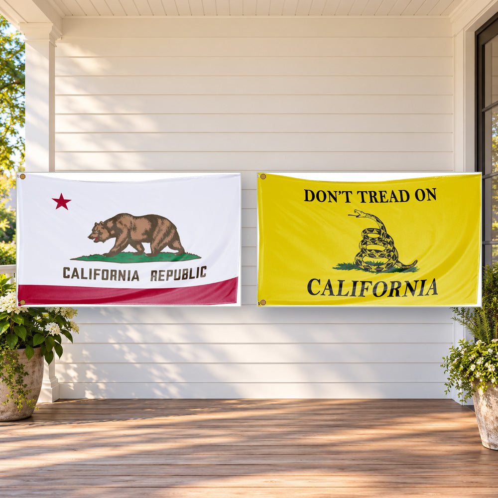California State Flag and Don't Tread on California Flag 3x5 2-Pack displayed outdoors