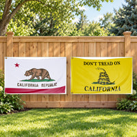 California State Flag and Don't Tread on California Flag 3x5 2-Pack displayed outdoors
