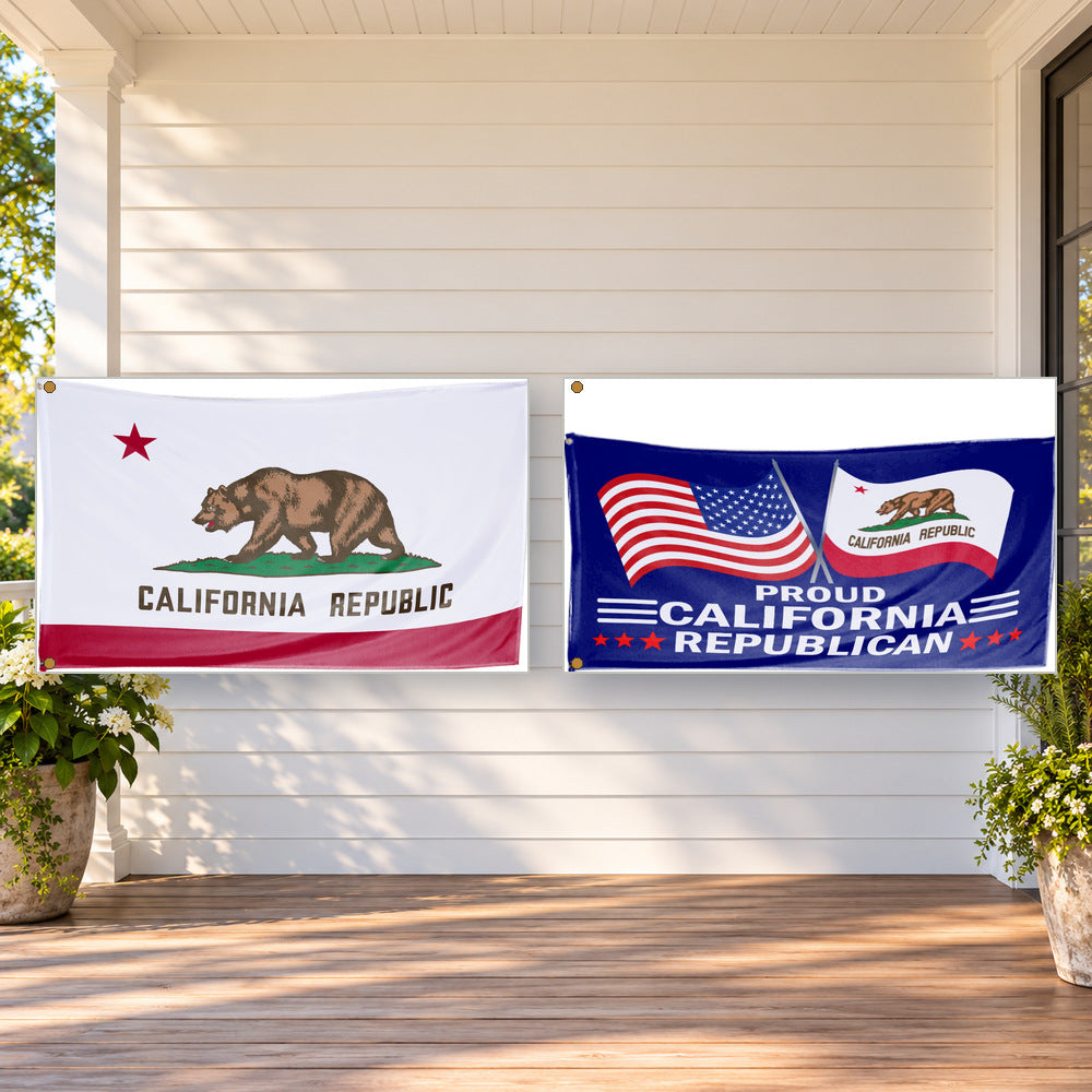 California State Flag and Proud California Republican Flag 3x5 2-Pack displayed outdoors
