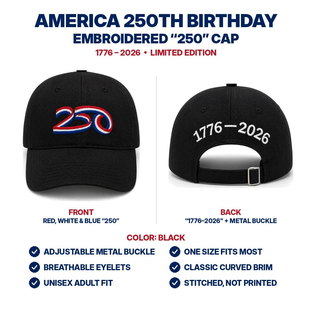 America 250th Birthday Hat - Black - features infographic