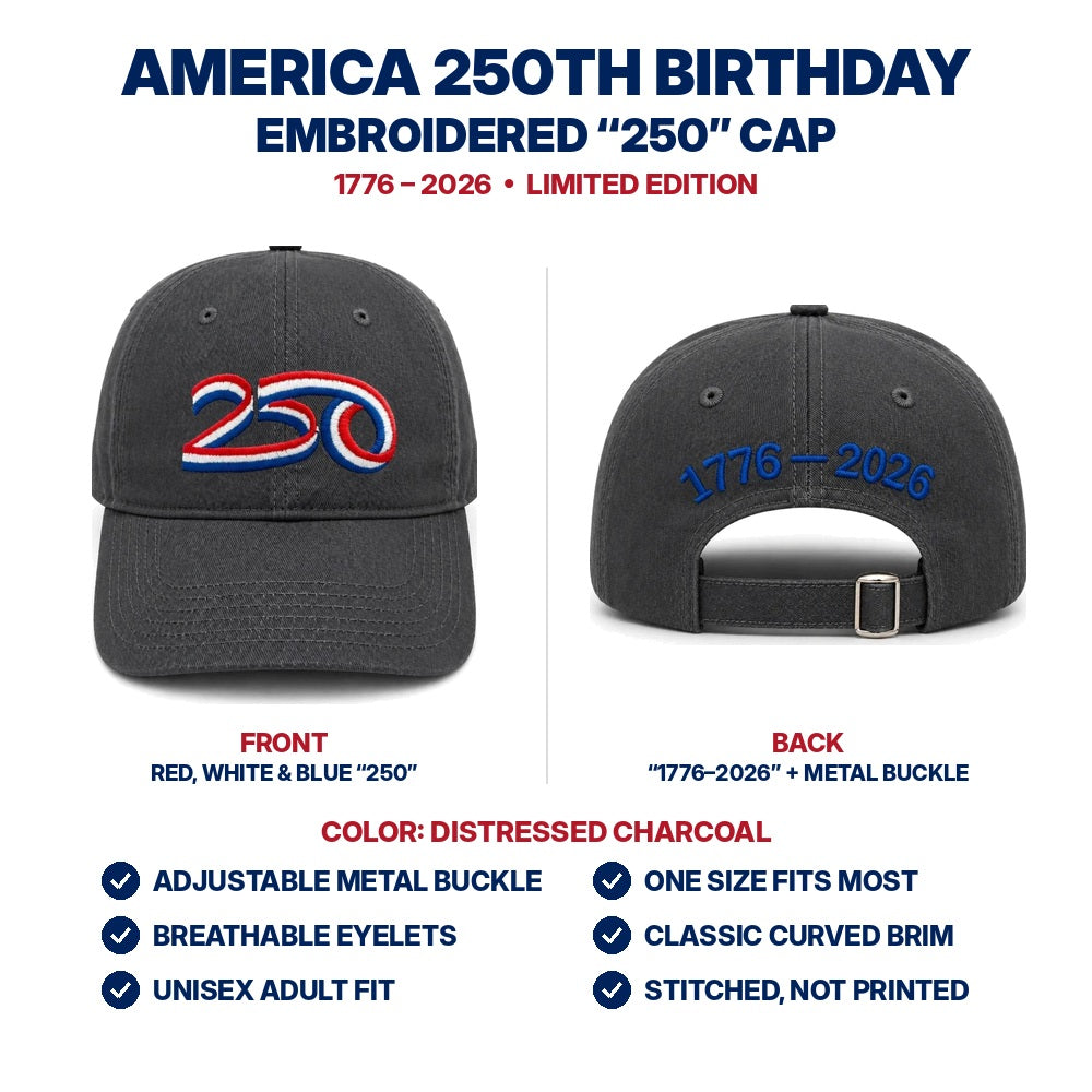 America 250th Birthday Hat - Distressed Charcoal - features infographic