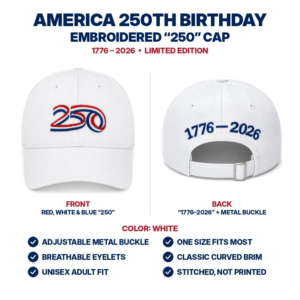 America 250th Birthday Hat - White - features infographic