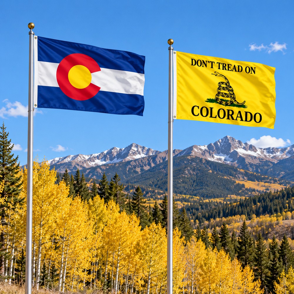 Colorado State Flag and Don't Tread on Colorado Flag 3x5 2-Pack displayed outdoors