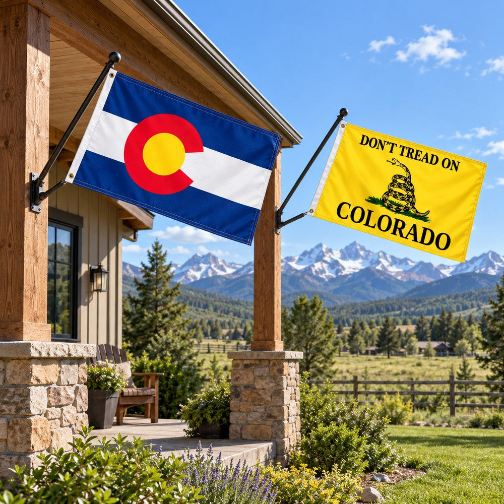 Colorado State Flag and Don't Tread on Colorado Flag 3x5 2-Pack displayed outdoors