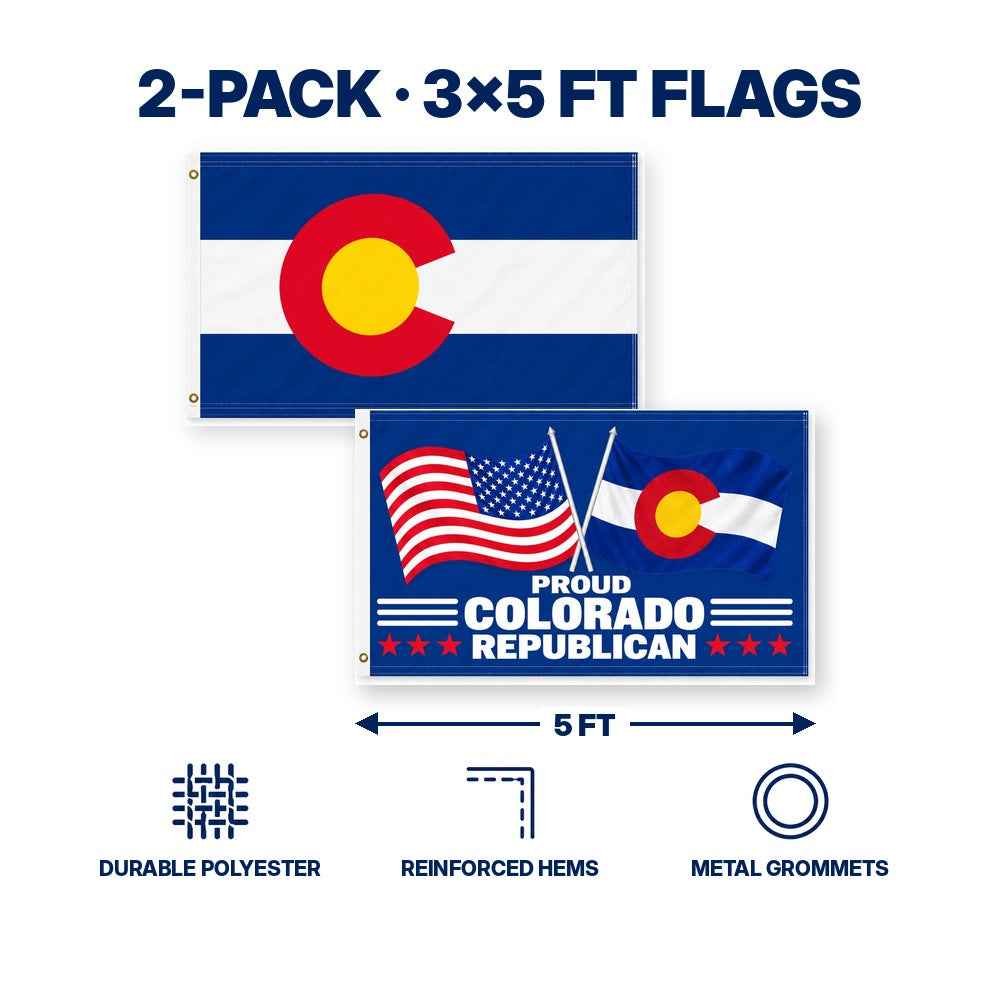 Colorado State Flag and Proud Colorado Republican Flag 3x5 2-Pack features and size details