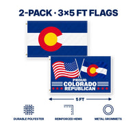 Colorado State Flag and Proud Colorado Republican Flag 3x5 2-Pack features and size details