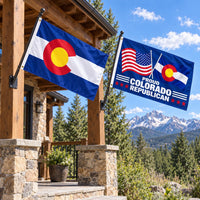 Colorado State Flag and Proud Colorado Republican Flag 3x5 2-Pack displayed outdoors