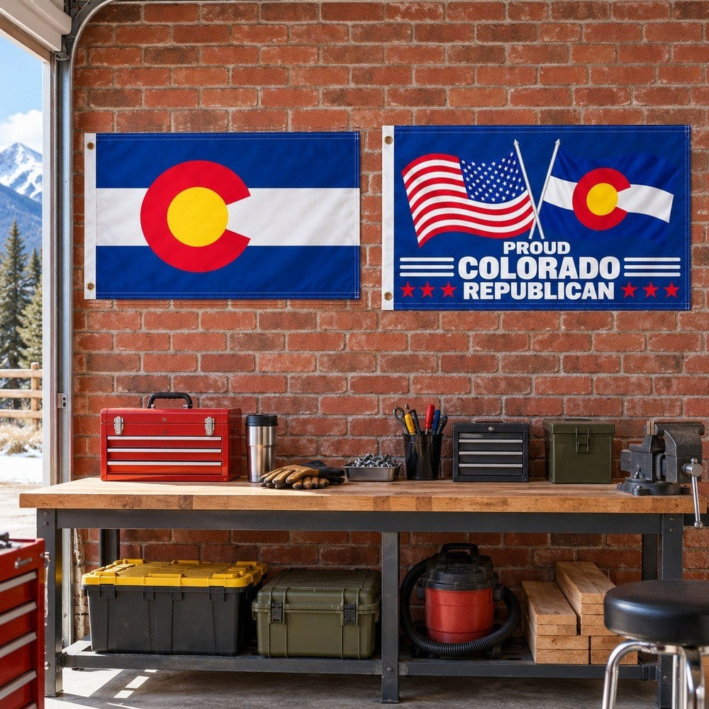 Colorado State Flag and Proud Colorado Republican Flag 3x5 2-Pack displayed outdoors