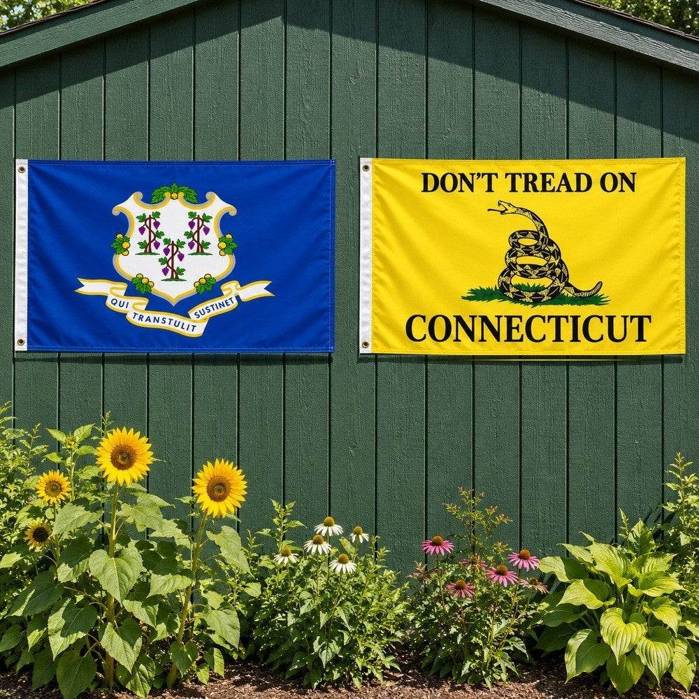 Connecticut State Flag and Don't Tread on Connecticut Flag 3x5 2-Pack displayed outdoors
