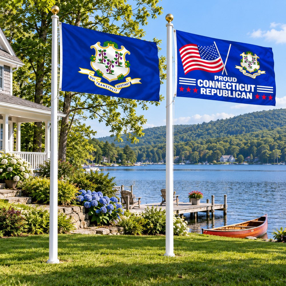 Connecticut State Flag and Proud Connecticut Republican Flag 3x5 2-Pack displayed outdoors