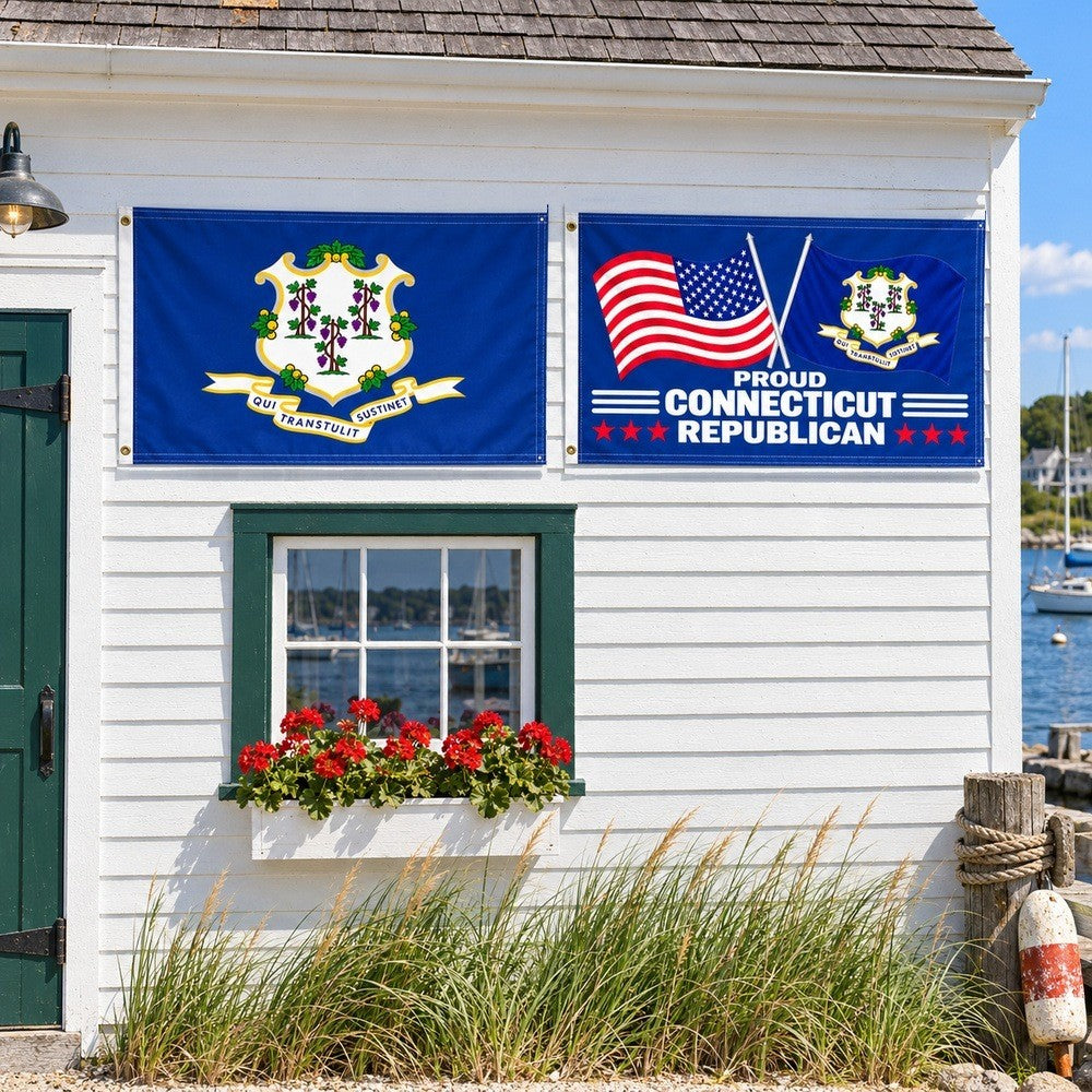 Connecticut State Flag and Proud Connecticut Republican Flag 3x5 2-Pack displayed outdoors