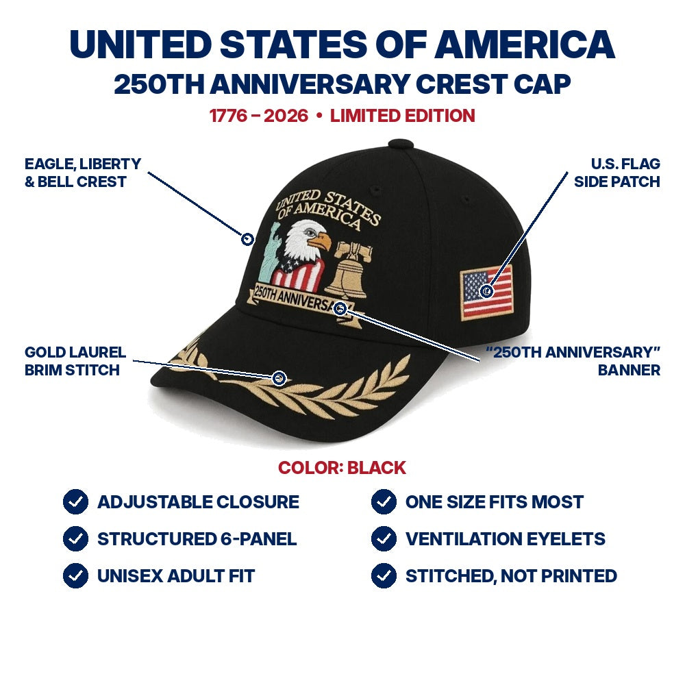 USA 250th Anniversary Crest Cap - Black - features infographic