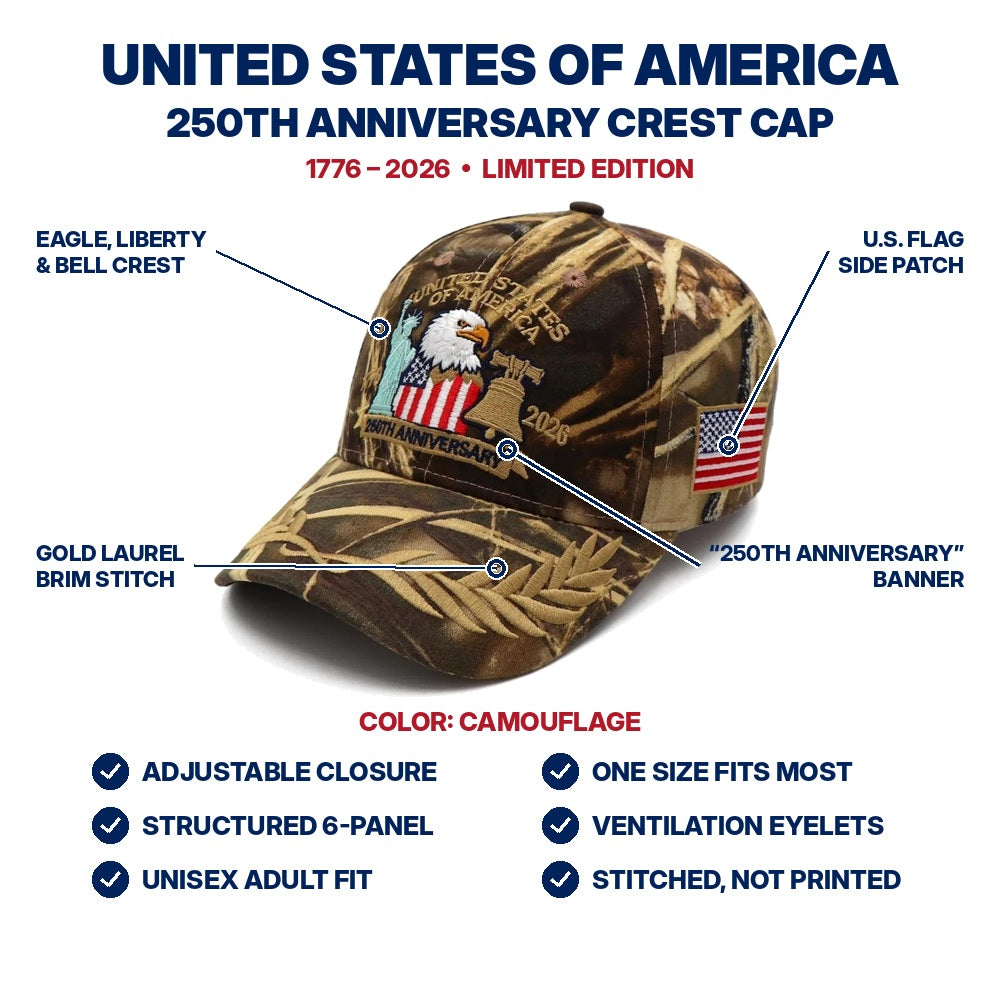 USA 250th Anniversary Crest Cap - Camouflage - features infographic