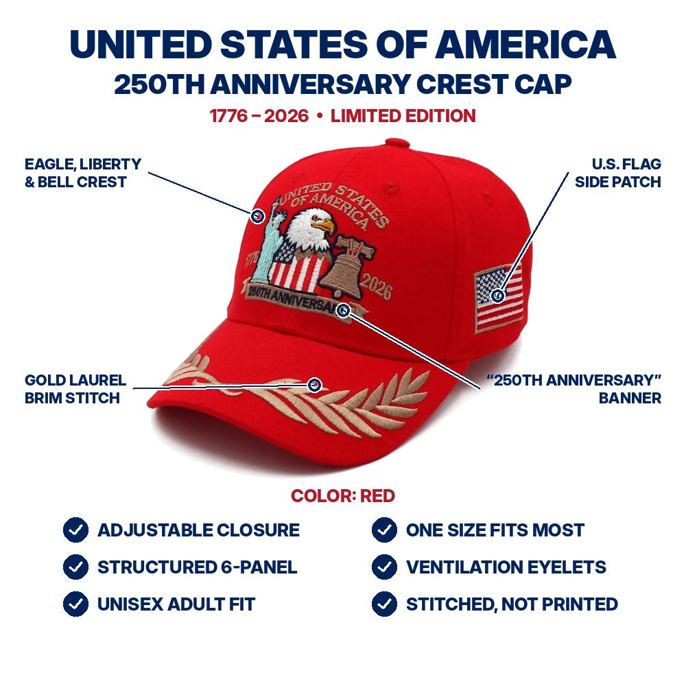 USA 250th Anniversary Crest Cap - Red - features infographic