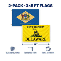 Delaware State Flag and Don't Tread on Delaware Flag 3x5 2-Pack features and size details