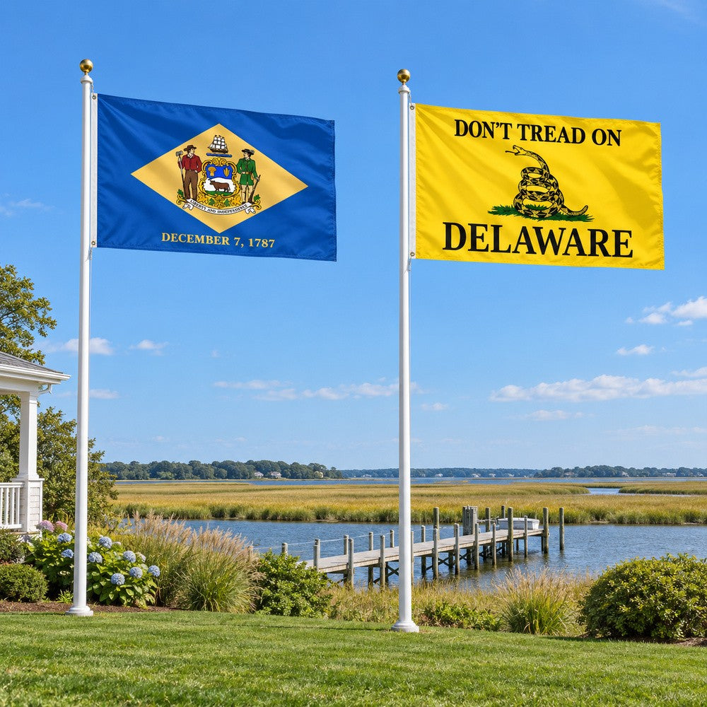 Delaware State Flag and Don't Tread on Delaware Flag 3x5 2-Pack displayed outdoors